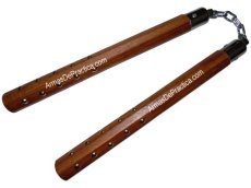 Chacos, Nunchakus, Octagonales con Estoperoles, Cadena y Balero en madera Machiche, Artes Marciales, Natural