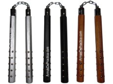 Chacos, Nunchakus, Octagonales con Estoperoles, Cadena y Balero en madera Machiche, Artes Marciales