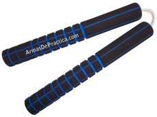 Chacos, Nunchakus, Forrados de Espuma, Practica, Con Cordon, Madera Machiche, Artes Marciales, Negro con Azul