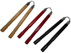 Chacos, Nunchakus, Redondos, Ondulados con Cadena y Balero en madera Haya, Artes Marciales Orientales, 30 cm., Colores