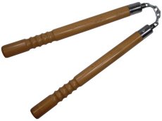Chacos, Nunchakus, Redondos, Ondulados con Cadena y Balero en madera Haya, Artes Marciales Orientales, 30 cm., Natural