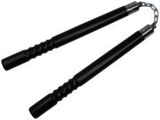 Chacos, Nunchakus, Redondos, Ondulados con Cadena y Balero en madera Haya, Artes Marciales Orientales, 30 cm., Negro