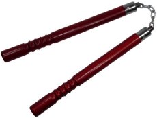 Chacos, Nunchakus, Redondos, Ondulados con Cadena y Balero en madera Haya, Artes Marciales Orientales, 30 cm., Rojo