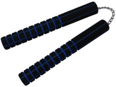 Chacos de Practica, Nunchakus, Forrados de Espuma, Con Cadena, Madera Machiche, Artes Marciales Orientales, Negro con Azul