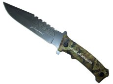 Cuchillo para Supervivencia o Campismo tipo Bowie marca Lion Tools, Full Tang, Pavonado Gris Oxford, Mango Camuflaje Selva