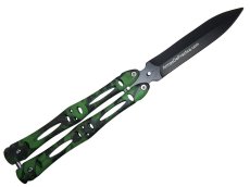 Navaja Mariposa / Balisong marca Lion Tools modelo Craneos Verde, Punta en V, Hoja Pavonada
