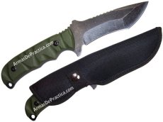Cuchillo para Supervivencia o Campismo marca Lion Tools, Stonewashed, mango en color Verde, Defensa Personal