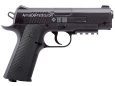 Pistola Crosman 1911, Tanque CO2, Balines calibre .177, 4.5 mm., Plastico, Replica, Negra